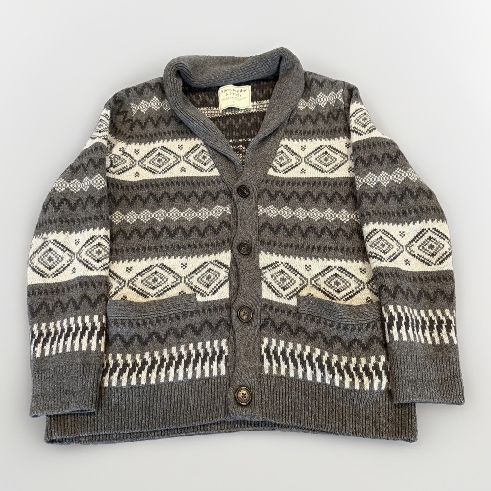 Abercrombie & Fitch Mens Shawl Collar Cardigan L Gray Fair Isle Nordic Sweater